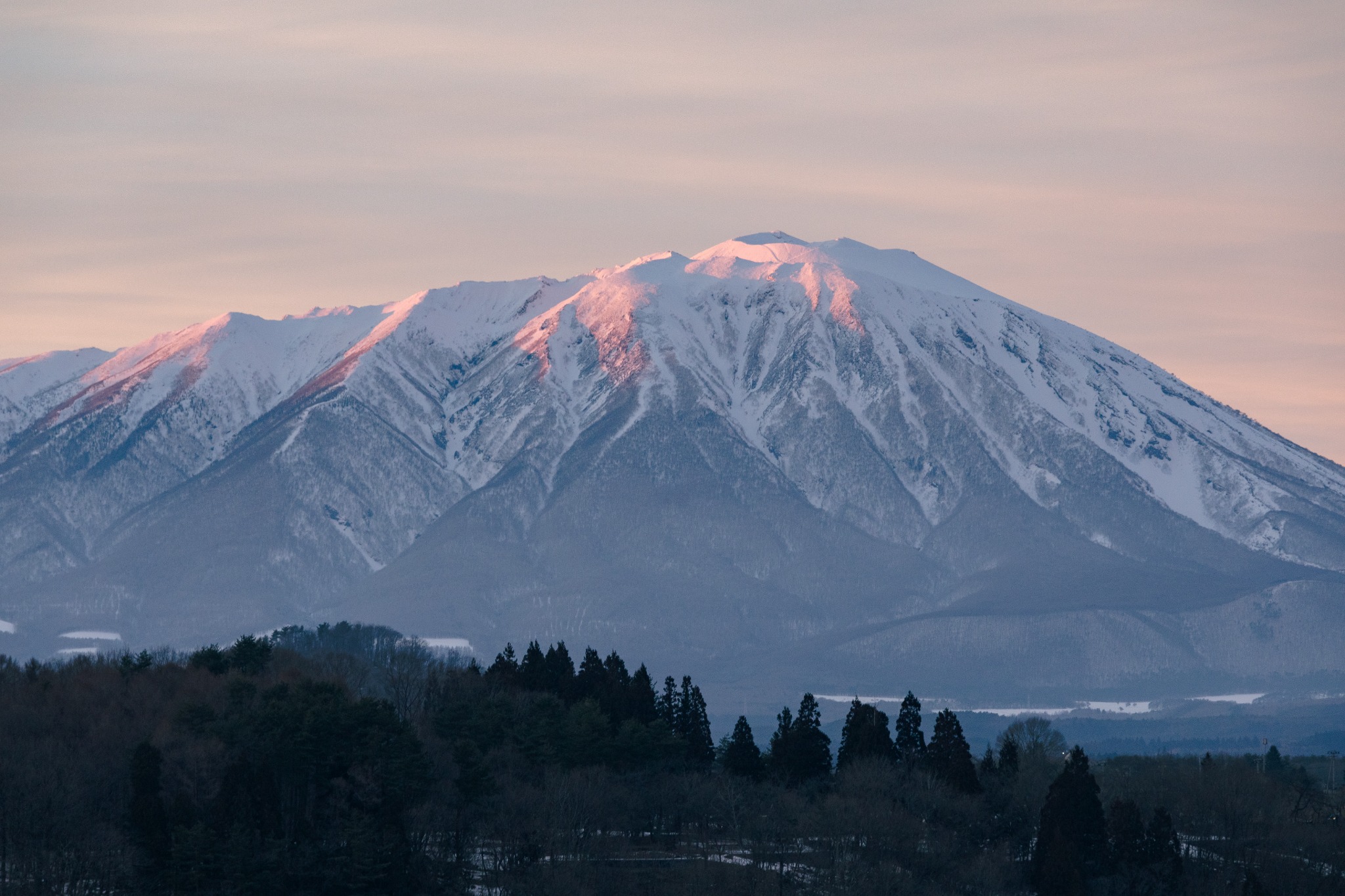 朝焼けの淡い光を受ける雪山