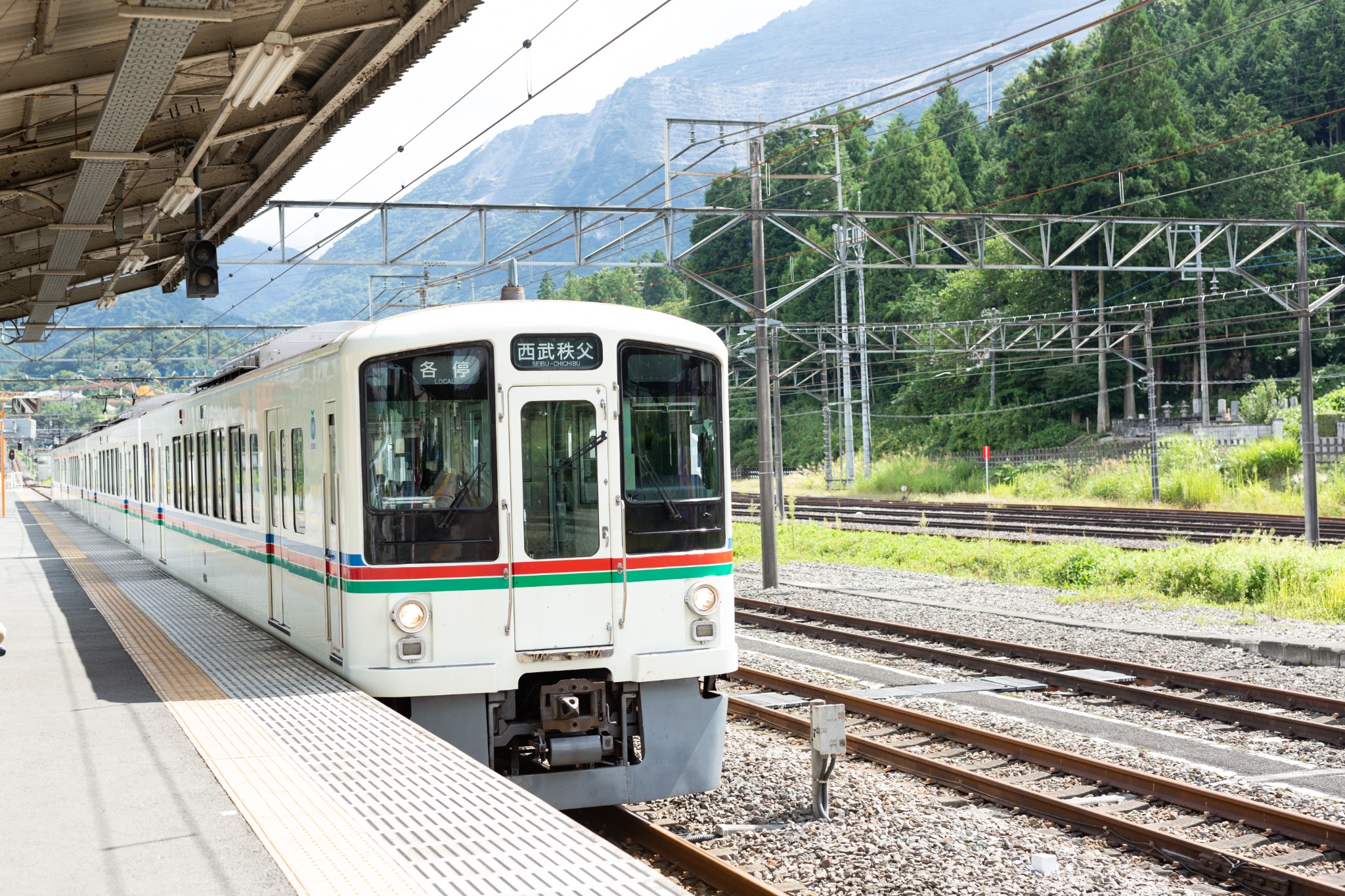山あいの駅へ到着する白い列車