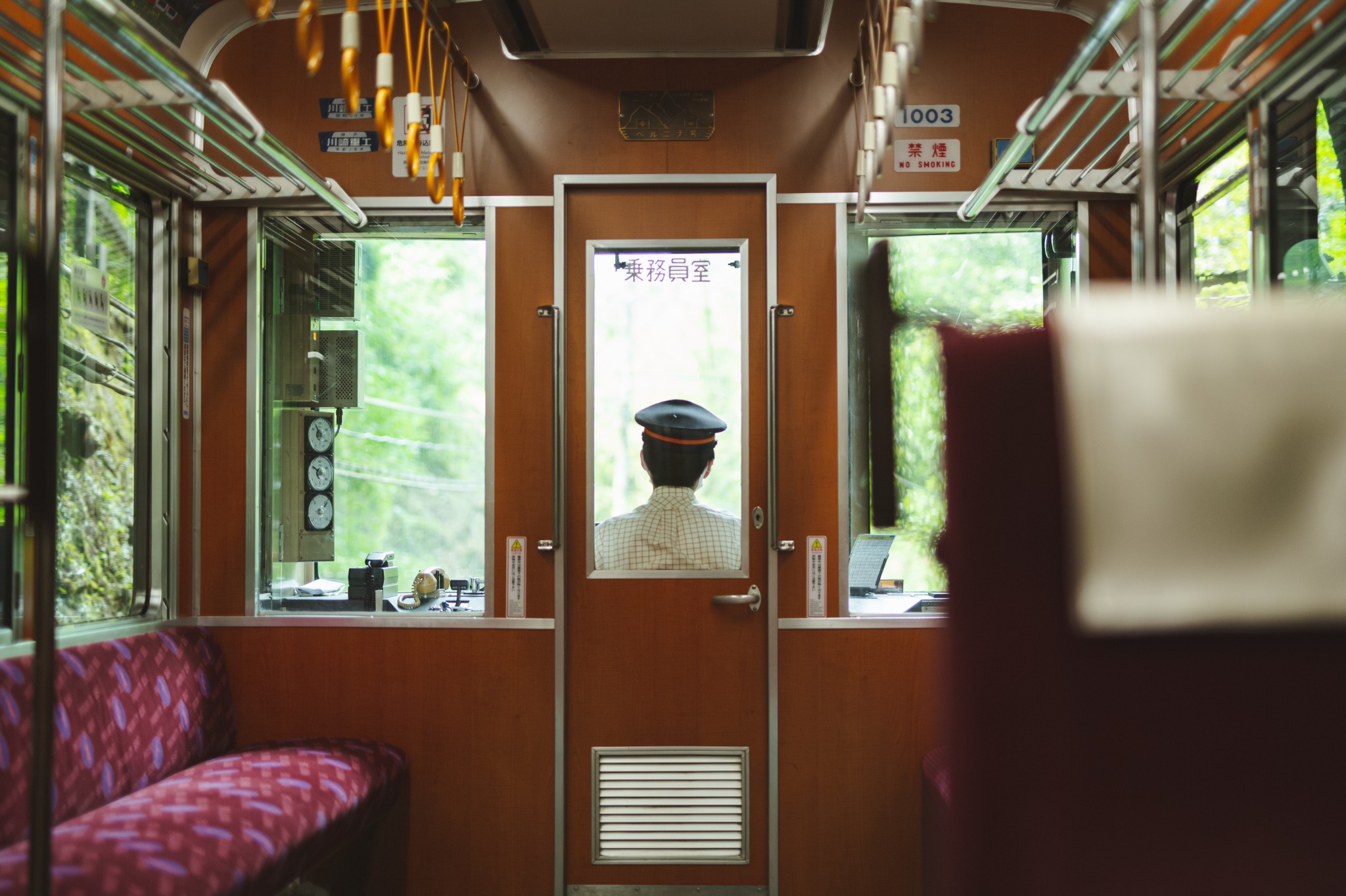 緑の景色を映すレトロな列車の車内